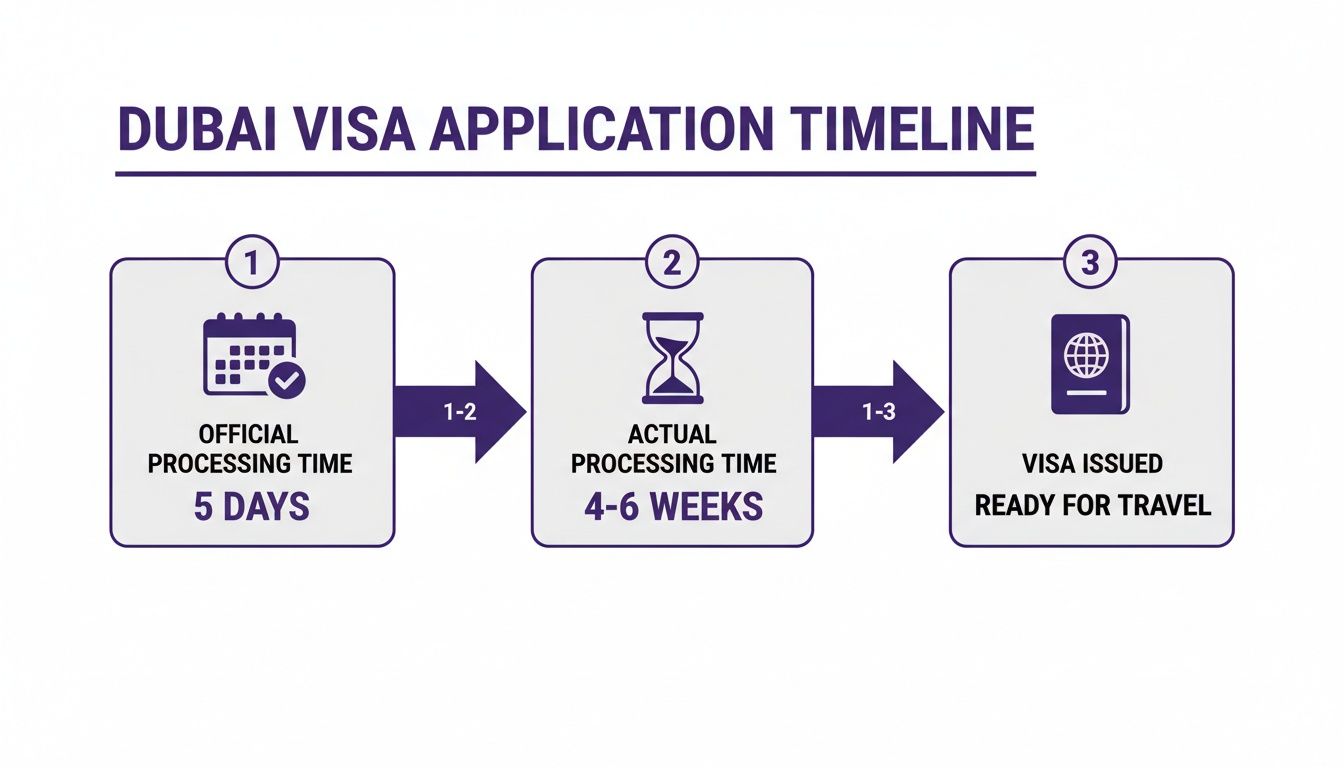 Dubai visa application timeline illustrating official 5-day processing and actual 4-6 week duration.