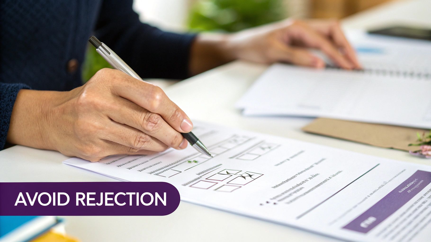 A person's hand carefully filling out an application form with a pen to avoid rejection.