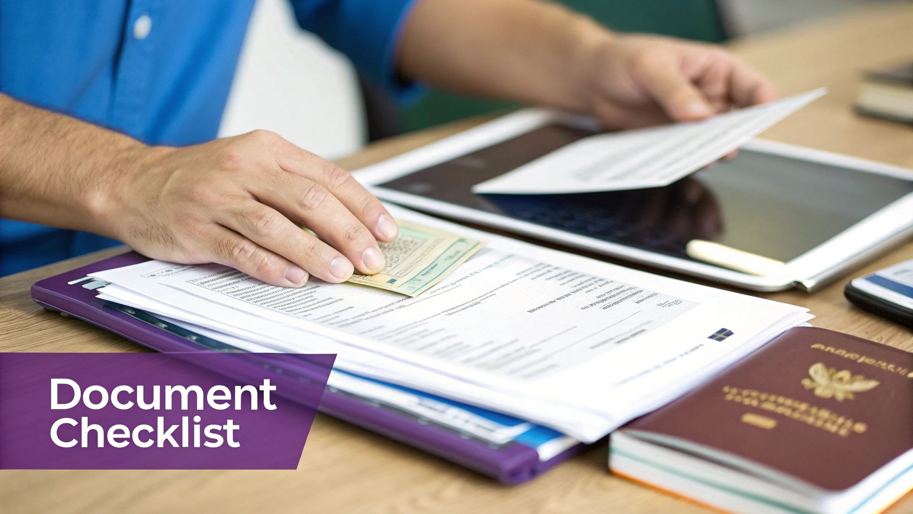 A person's hands reviewing documents, a passport, and a banknote on a desk, with a tablet and phone nearby.