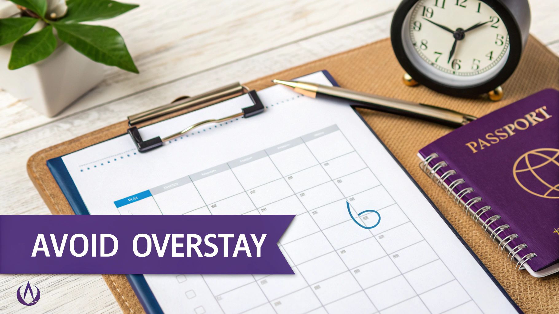 A passport, calendar, pen, and alarm clock on a desk, with a banner 'AVOID OVERSTAY'.