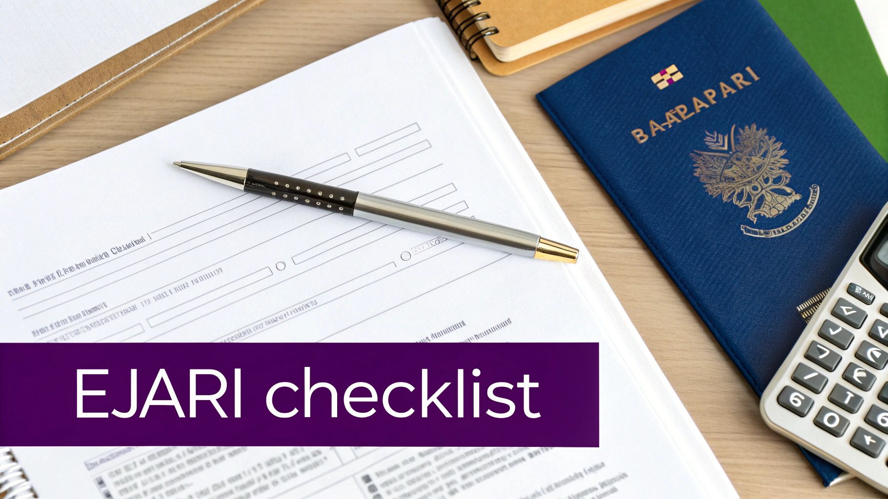 A desk with an Ejari checklist document, pen, Baarapari passport, and calculator.
