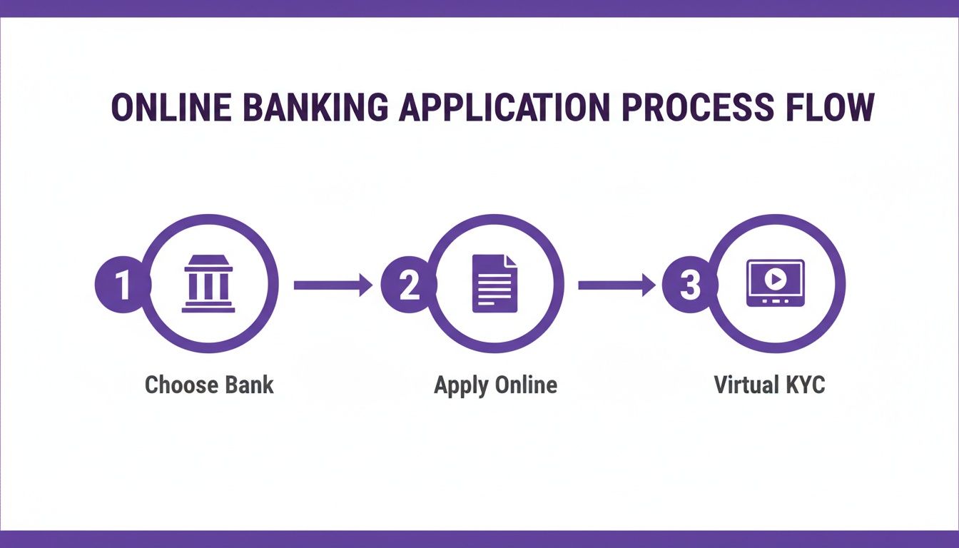 A visual flow diagram illustrating the online banking application process with three steps: Choose Bank, Apply Online, and Virtual KYC.