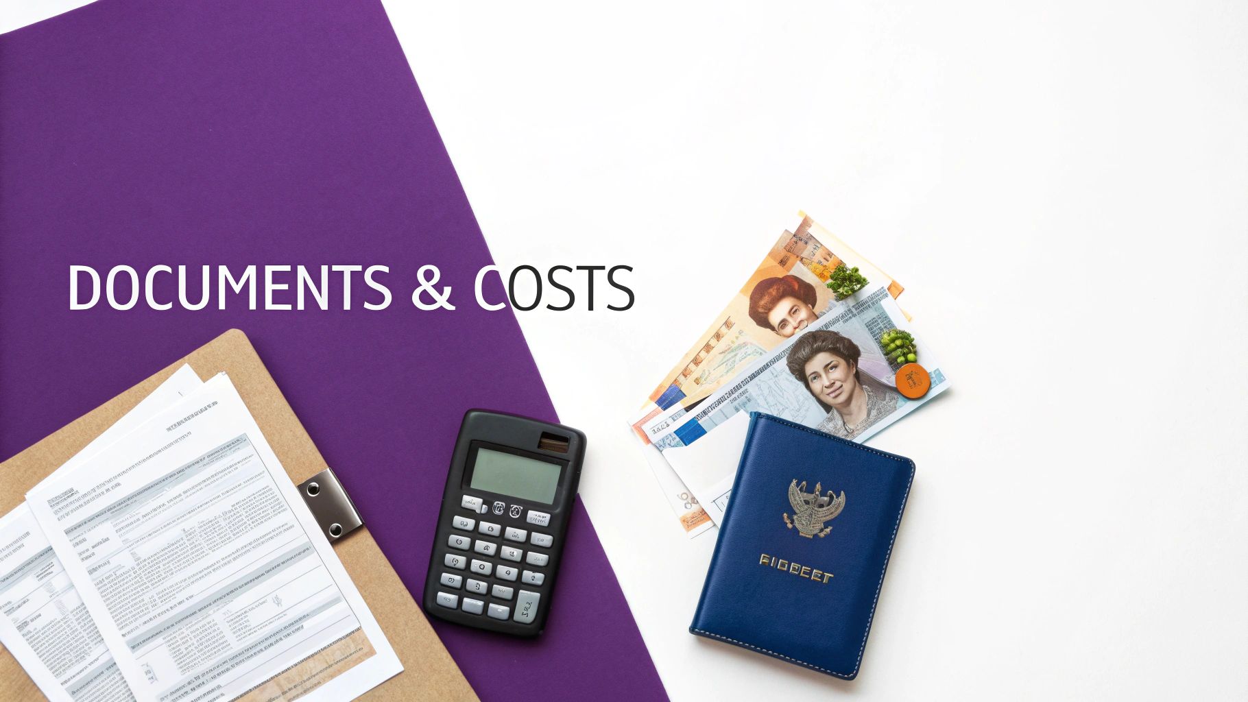 A flat lay showing documents on a clipboard, a calculator, banknotes, and a passport, signifying costs.