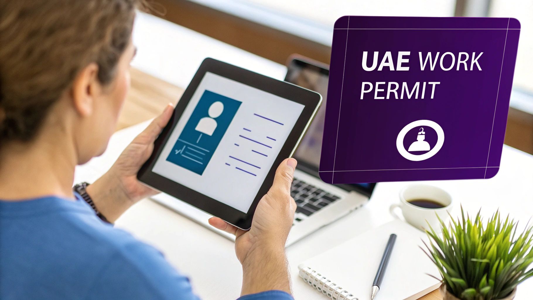 Person reviewing an online UAE work permit application on a tablet device.