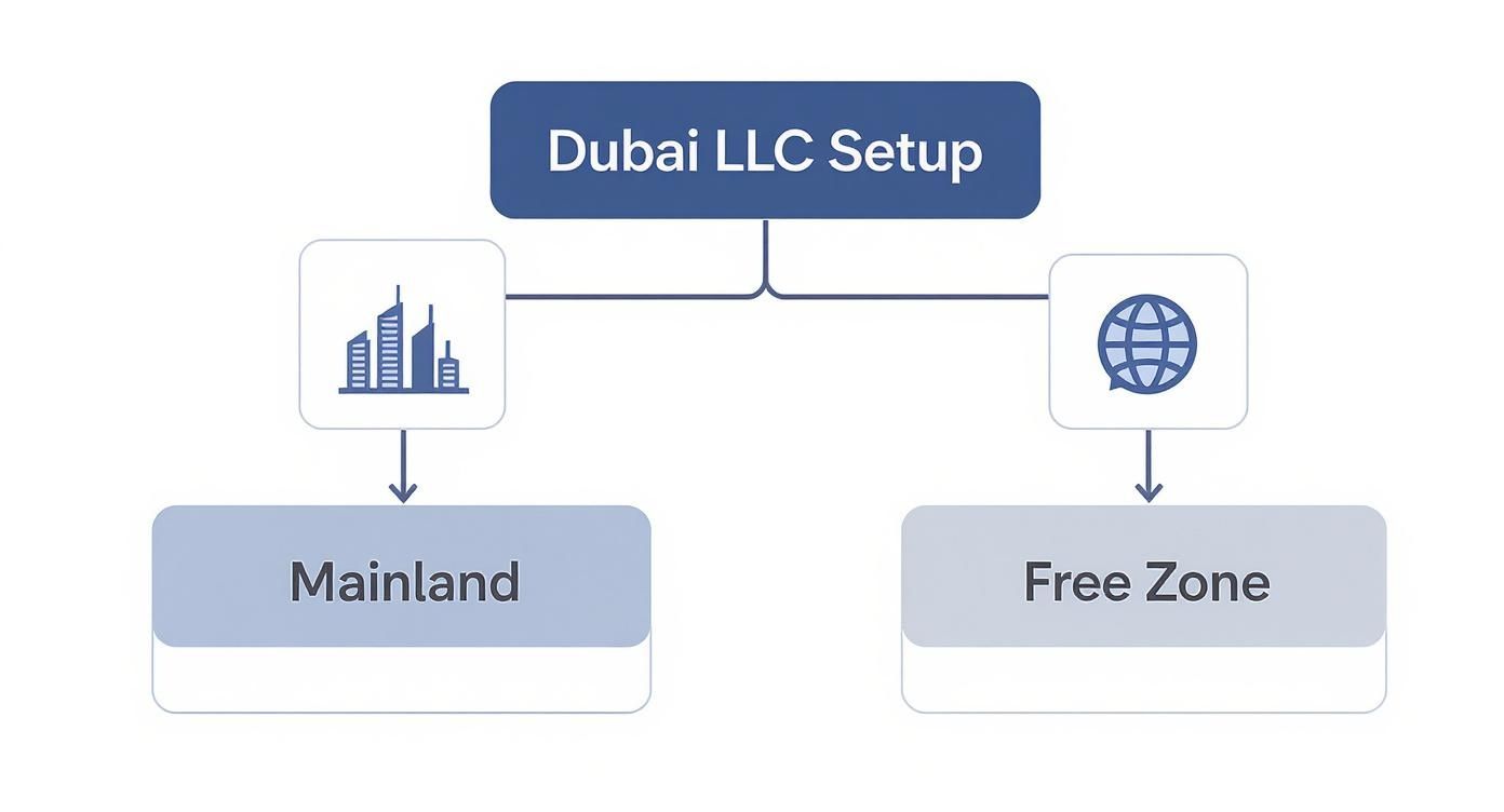 Flowchart illustrating Dubai LLC setup options: Mainland with a cityscape icon and Free Zone with a global communication icon.