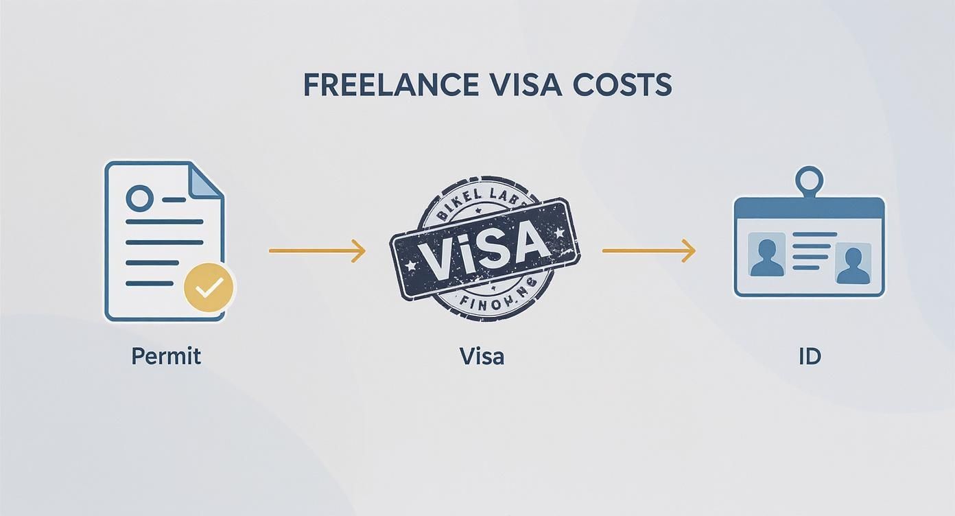 Freelance visa costs flowchart showing permit document, visa stamp, and identification card process