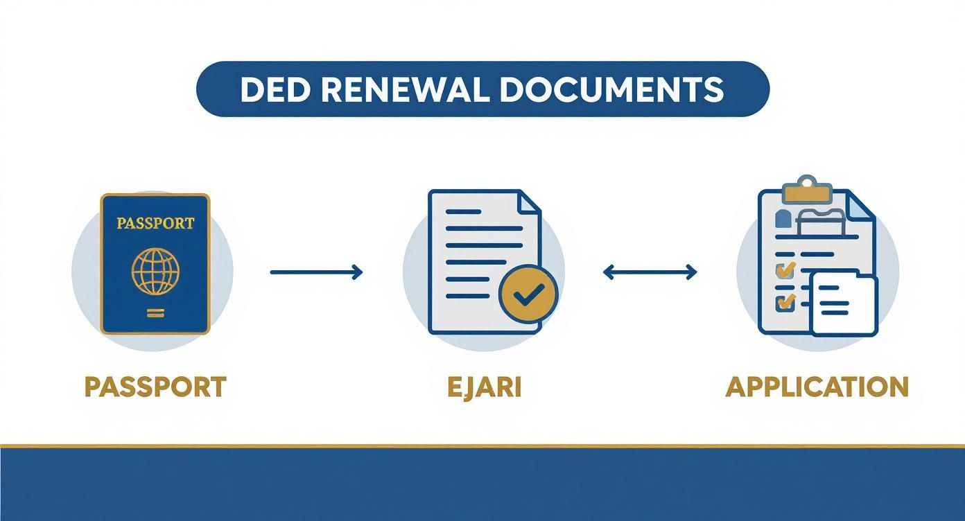 Infographic showing the document process flow for DED license renewal, with icons for Passport, Ejari, and Application.