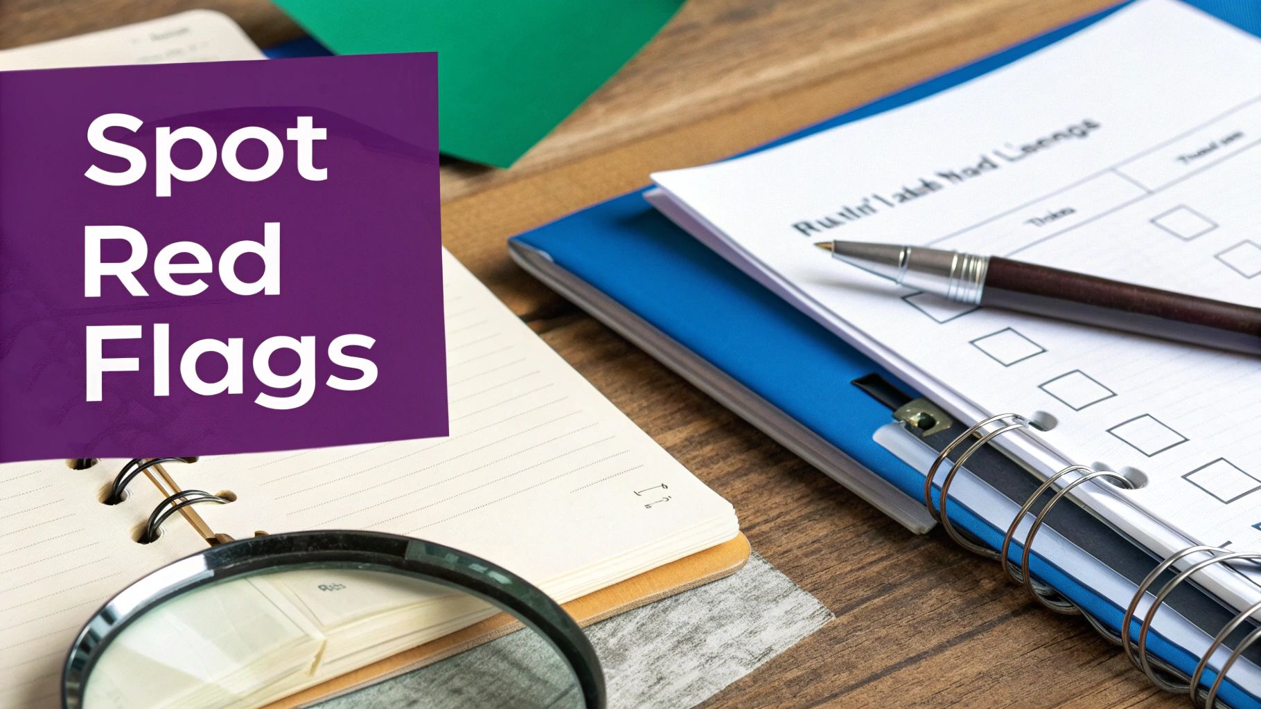 A magnifying glass, notebook, and pen on a desk, with a purple overlay reading 'Spot Red Flags'.