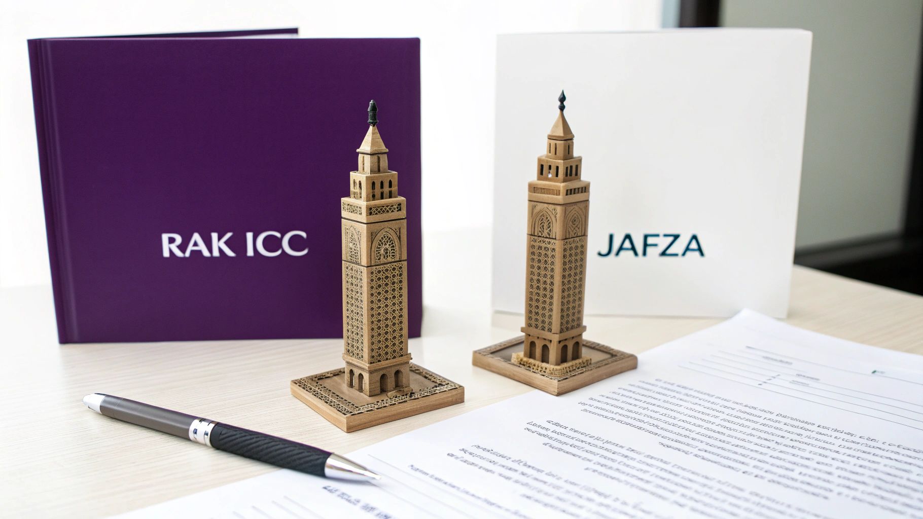Two ornate miniature tower models stand on a desk with branded folders RAK ICC and JAFZA.