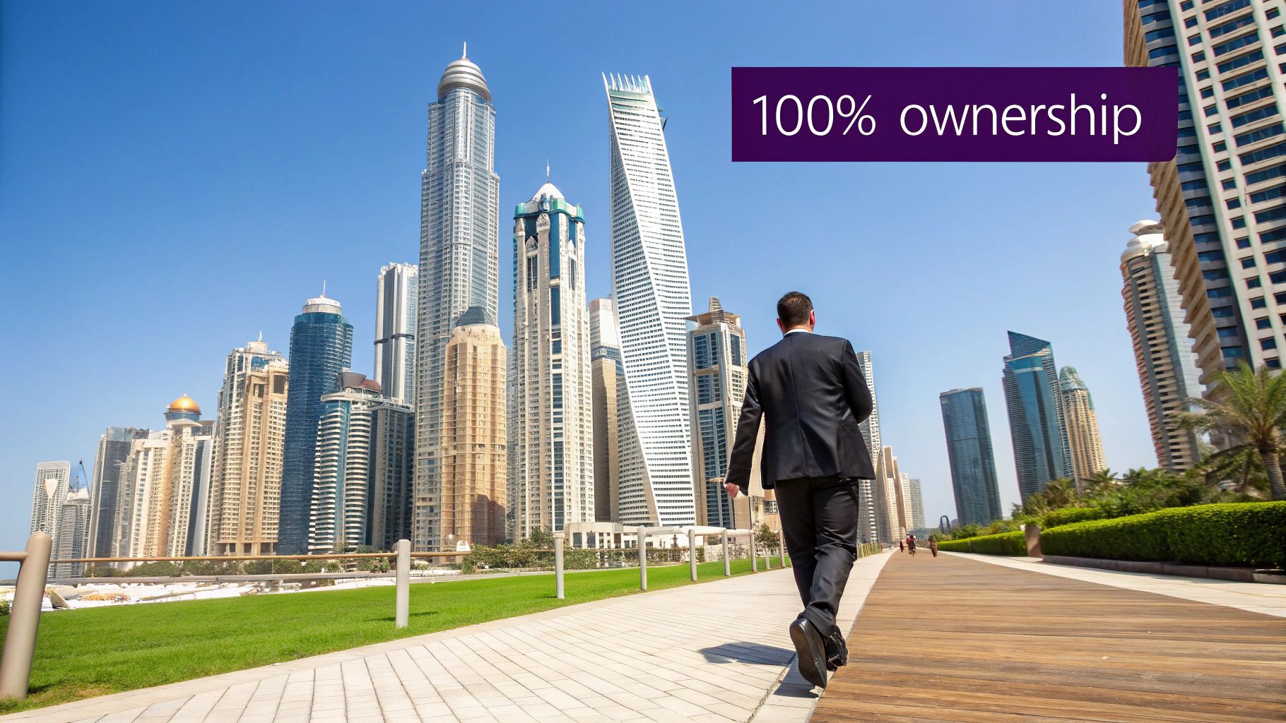 A modern cityscape of Dubai showcasing skyscrapers and business towers.