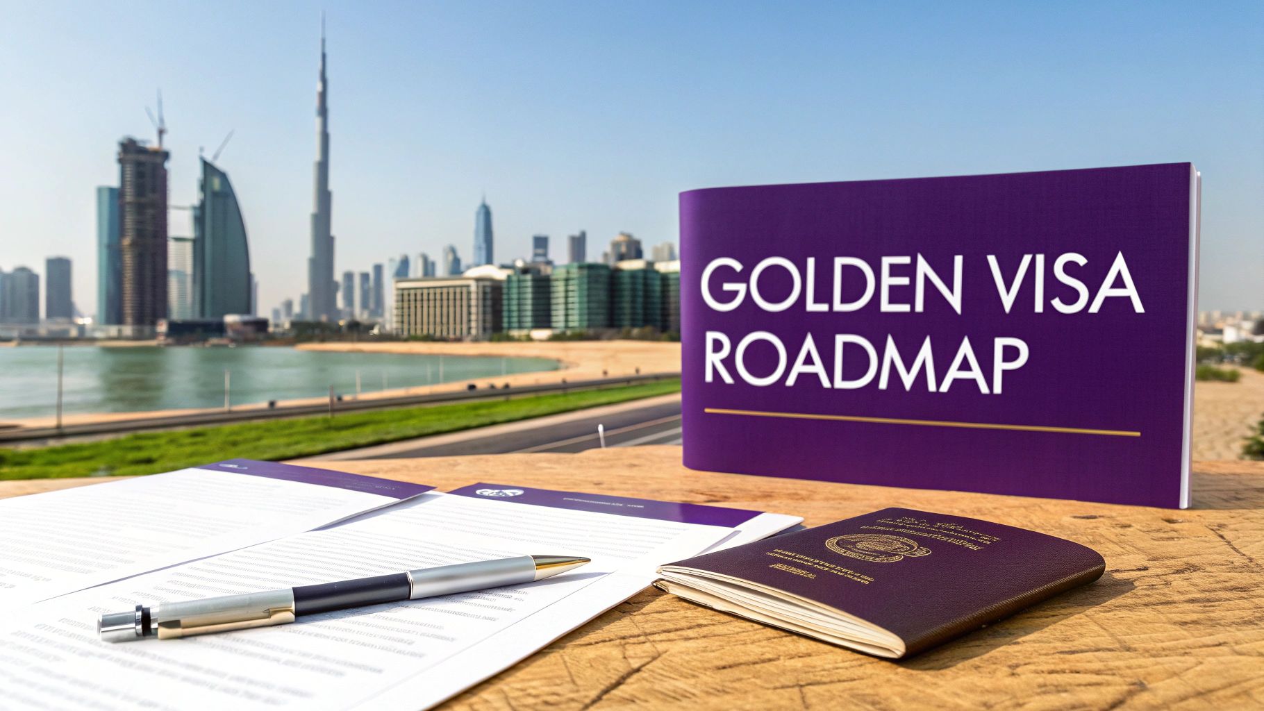 A purple book 'Golden Visa Roadmap' with passport, pen, and documents on a table, overlooking the Dubai skyline.