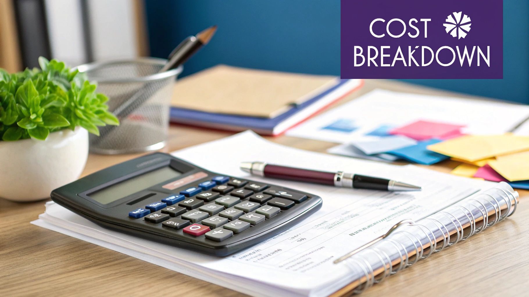 A calculator and pen on a desk with financial documents, representing budgeting for a Dubai business setup.
