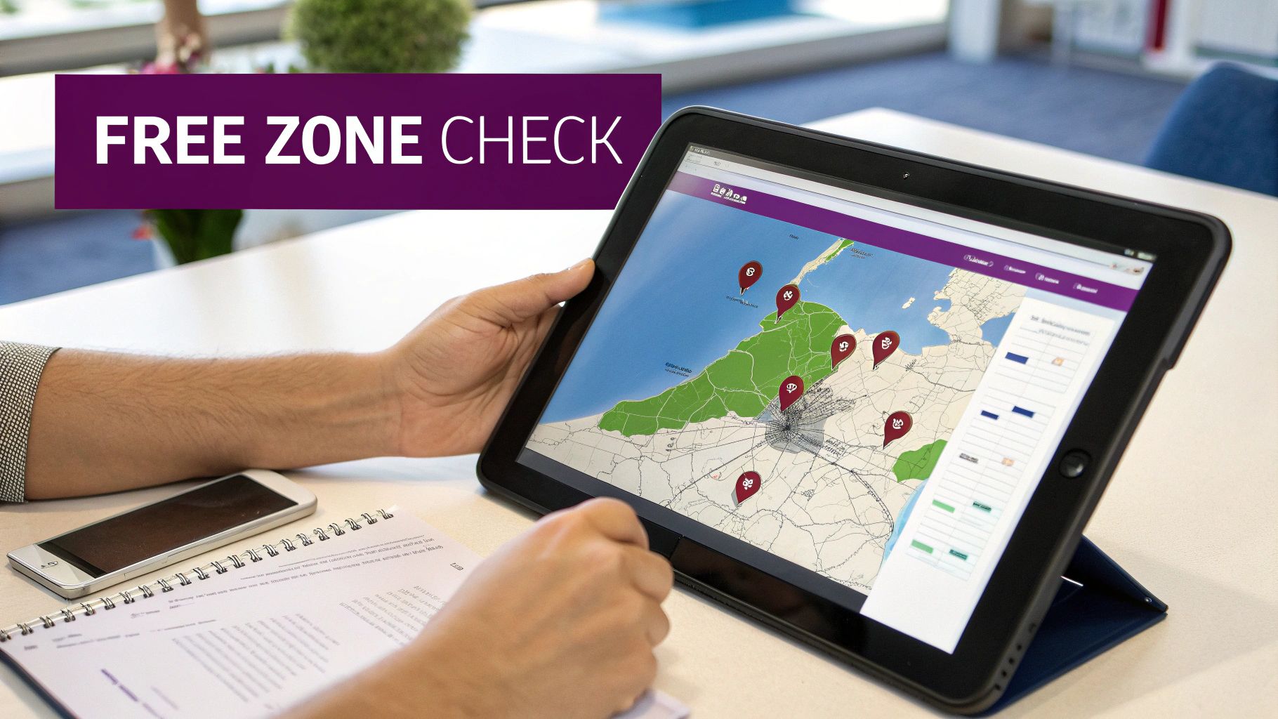 Hands using a tablet to view a map with 'Free Zone Check' information, a phone nearby.