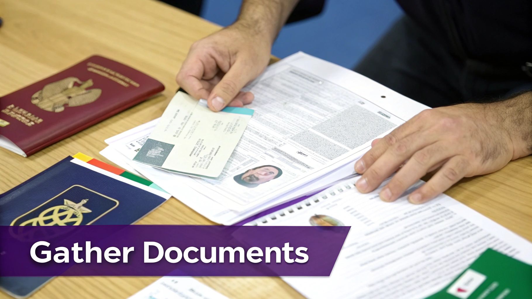 A person's hands sorting through various passports and application documents on a wooden table.