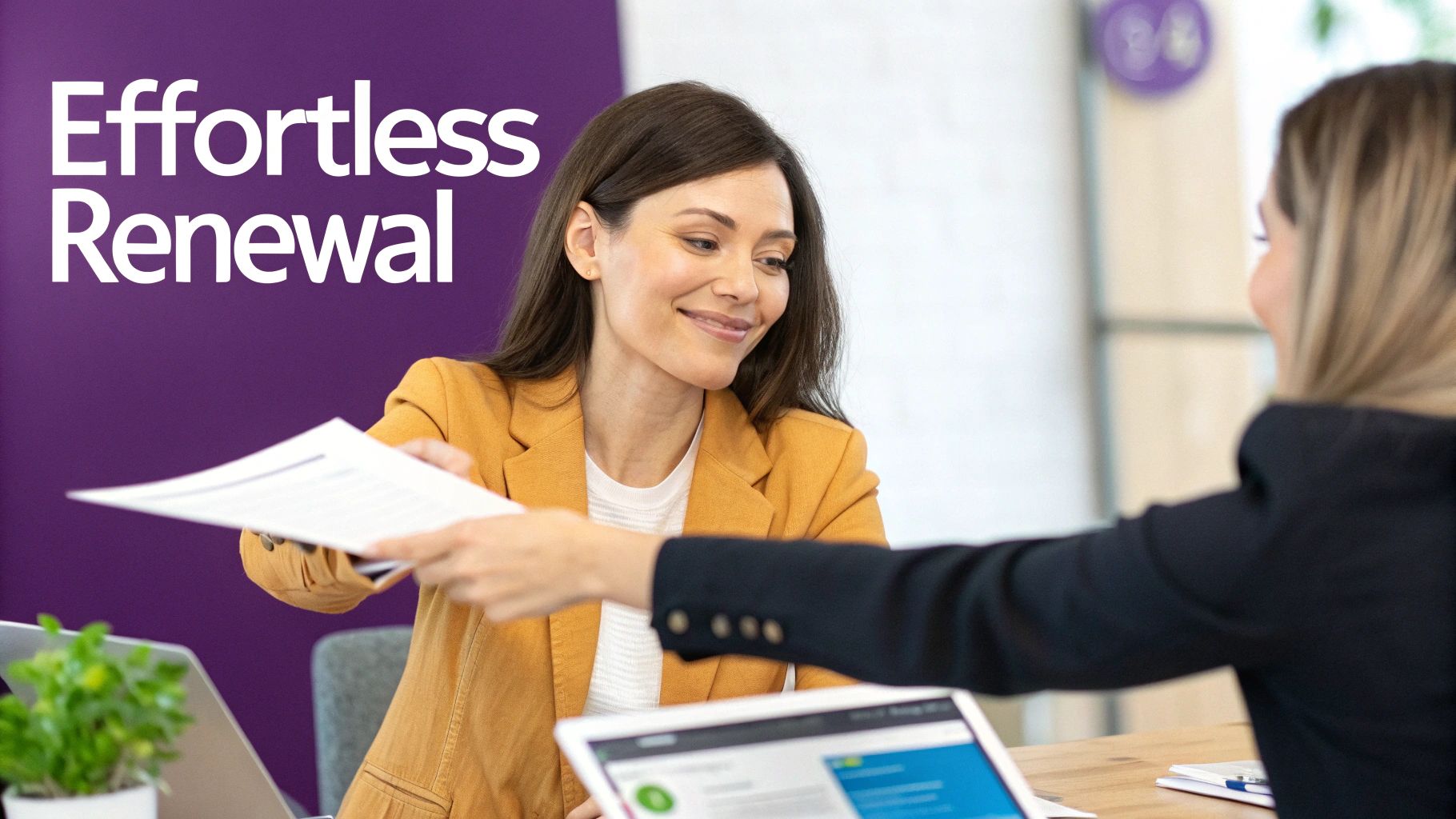 Business woman in yellow blazer handing documents to client for license renewal process