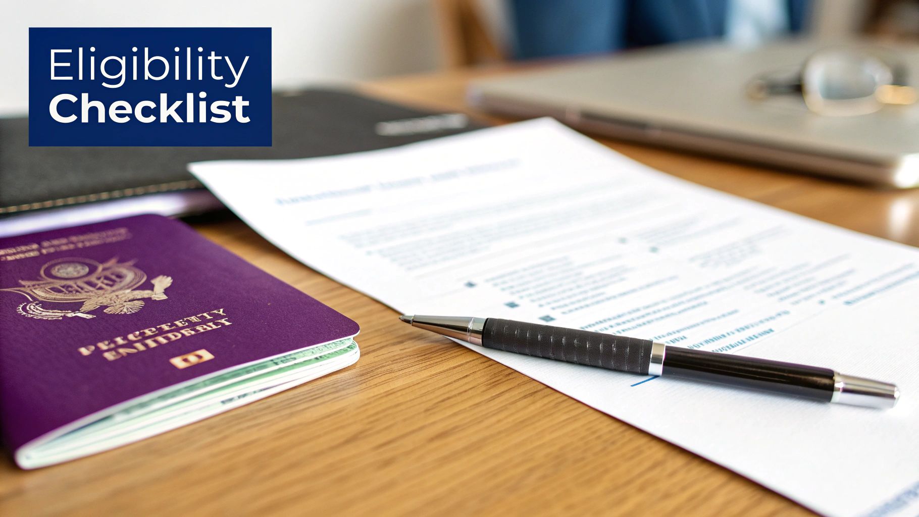 A purple passport, pen, and application form on a wooden table with an 'Eligibility Checklist' sign.