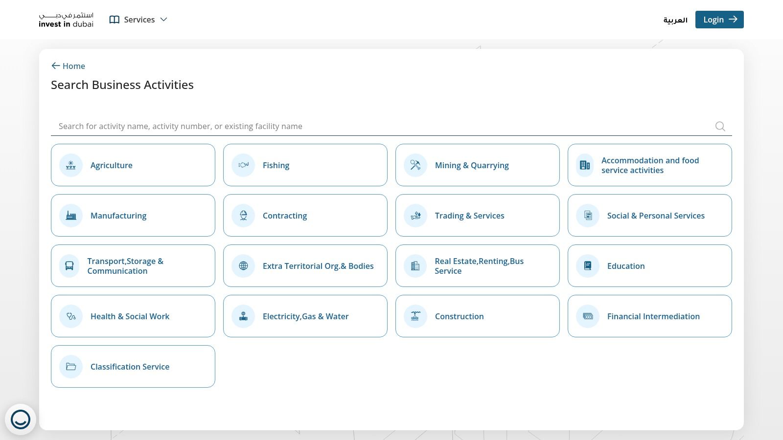 A screenshot of the Invest in Dubai portal showing various business categories such as Professional, Commercial, Industrial, and Tourism, which helps users search the DED activity list Dubai.