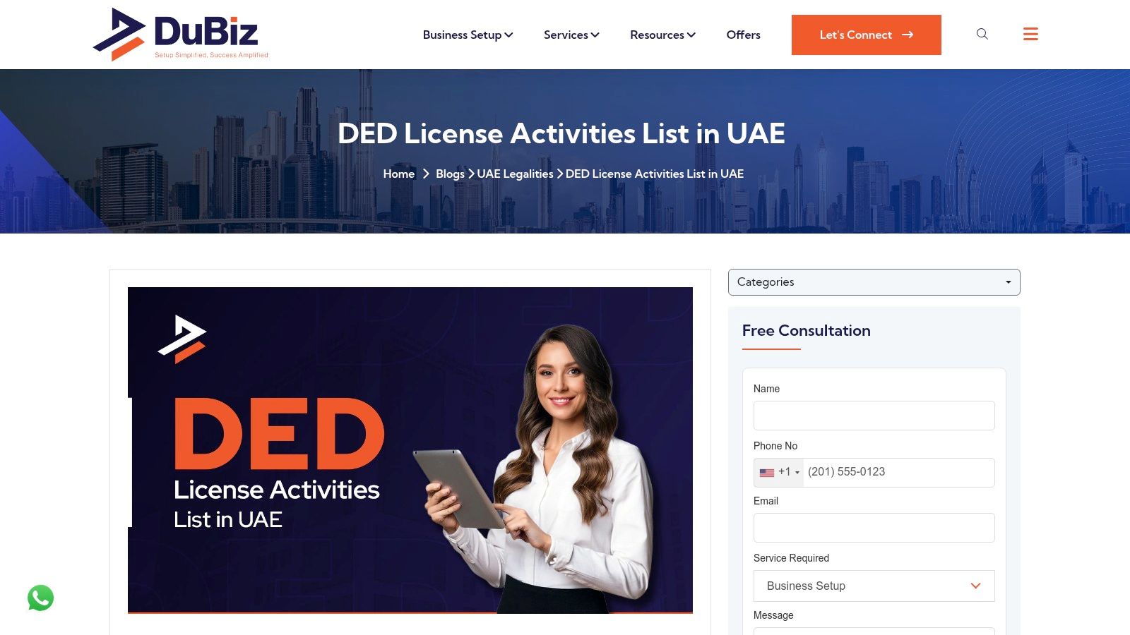 A screenshot from the Dubiz website showing a section on DED License Activities List, providing an overview of business setup in Dubai.