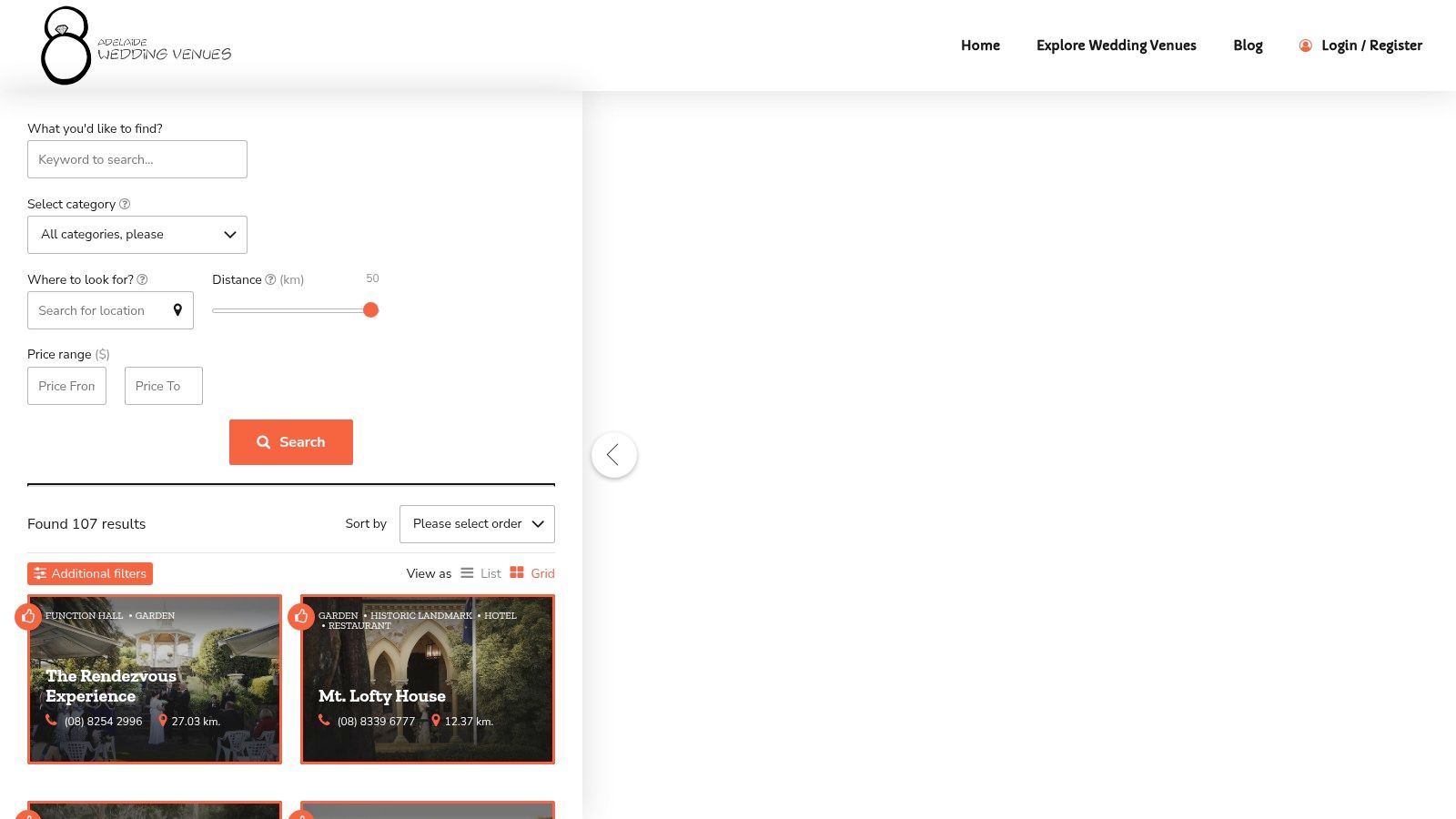 The 7 Best Wedding Venues Adelaide Has to Offer in 2025 1 A screenshot of the Adelaide Wedding Venues listing page, showing a map and filter options for finding venues.