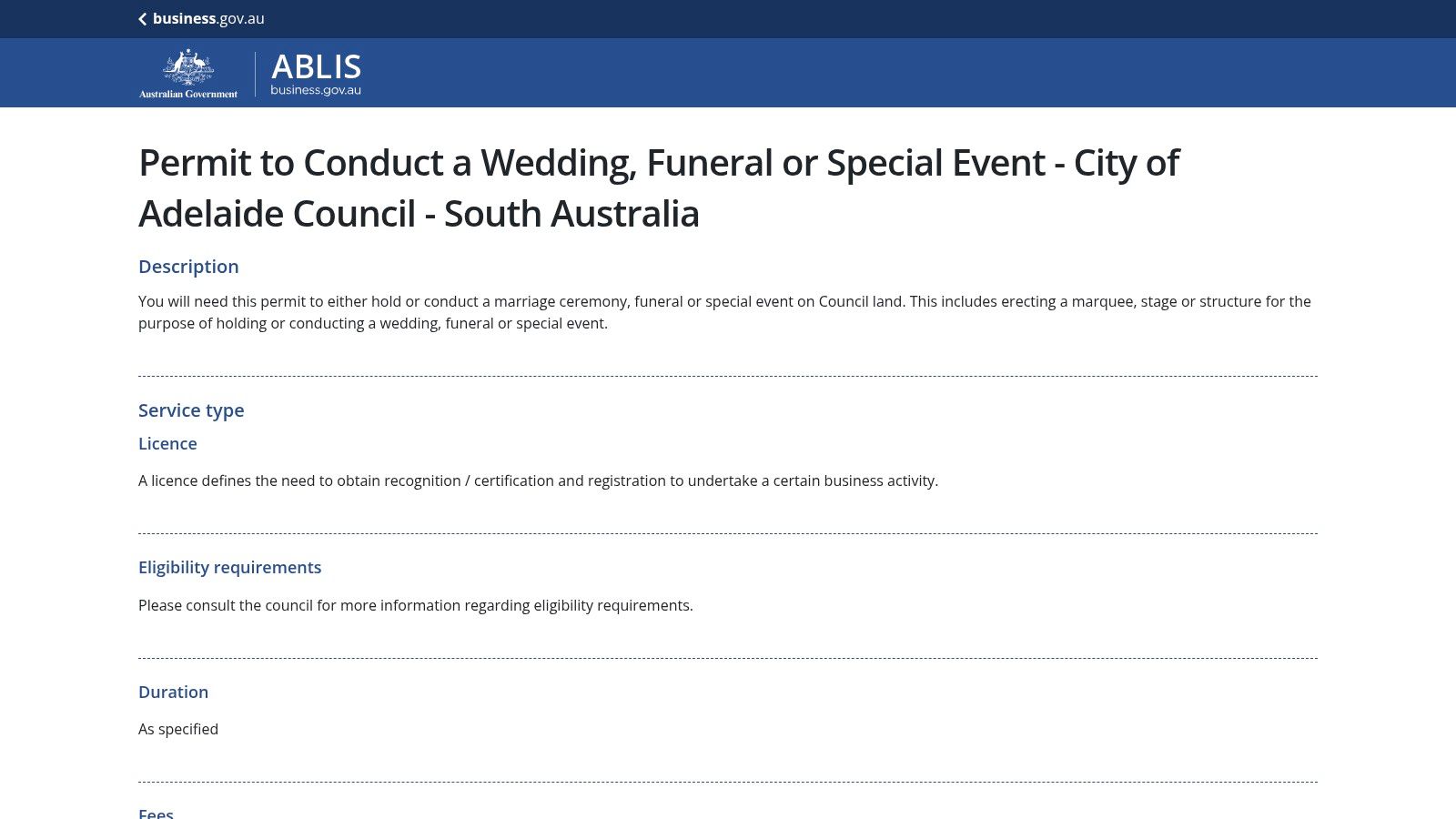 7 Best Resources for Finding Cheap Wedding Venues Adelaide in 2025 6 A screenshot of the ABIS website showing the application details for a wedding ceremony permit in the City of Adelaide.