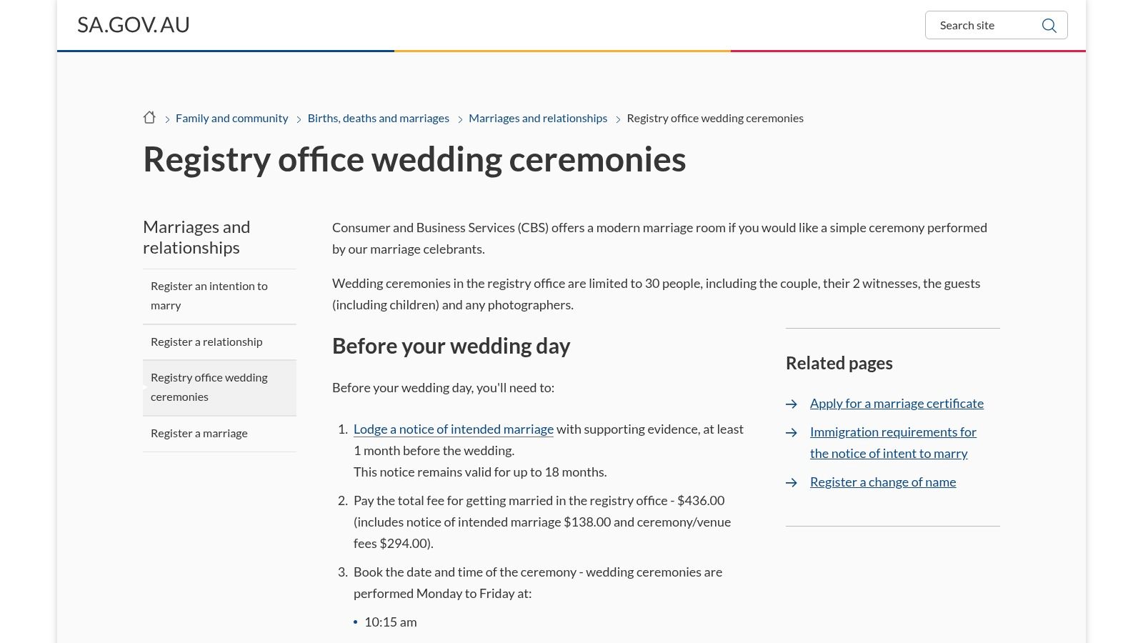 7 Best Resources for Finding Cheap Wedding Venues Adelaide in 2025 5 A screenshot of the SA.GOV.AU website showing information on Registry Office Wedding Ceremonies, including fees and location details.
