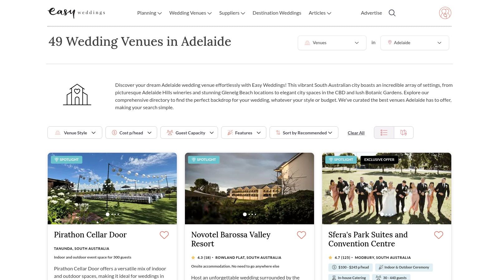7 Unforgettable Small Wedding Venues Adelaide Couples Will Love in 2025 1 Easy Weddings platform showcasing a list of wedding venues