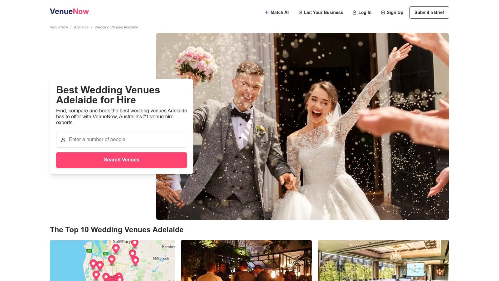 7 Best Resources for Finding Cheap Wedding Venues Adelaide in 2025 3 VenueNow search results for Adelaide wedding venues, displaying various options with photos and key details.