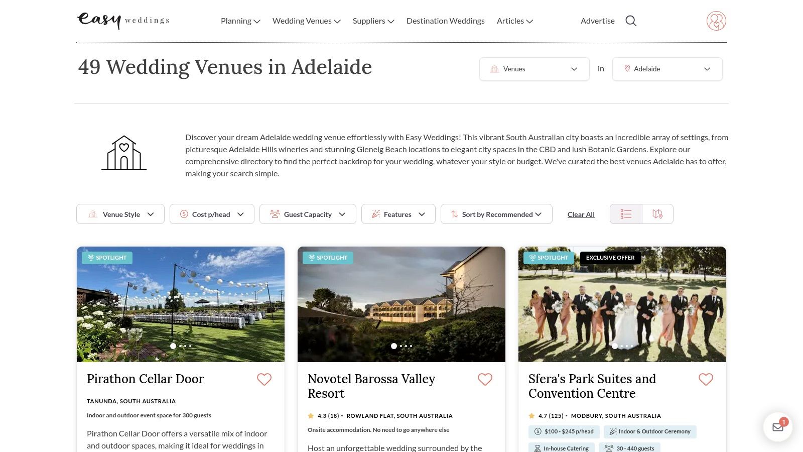 7 Best Resources for Finding Cheap Wedding Venues Adelaide in 2025 4 A screenshot of the Easy Weddings platform showing a search for wedding venues in Adelaide, with filters for price per head and capacity.