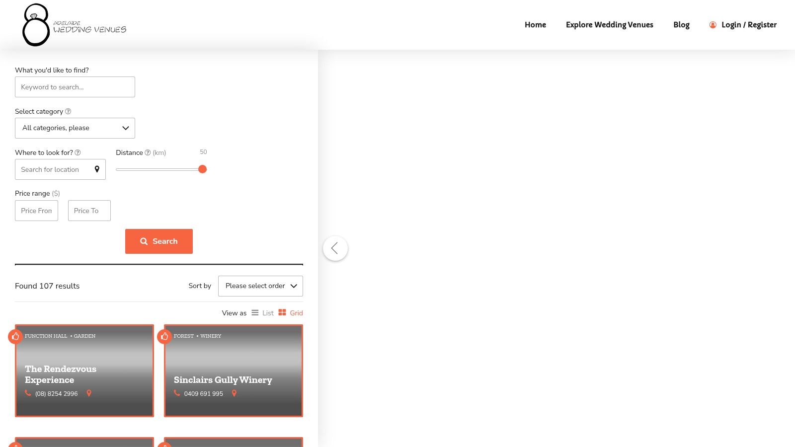 7 Best Resources for Finding Cheap Wedding Venues Adelaide in 2025 1 A screenshot of the Adelaide Wedding Venues listing website, showing various venue cards with images and key details, with filter options on the left-hand side for region, budget, and venue type.
