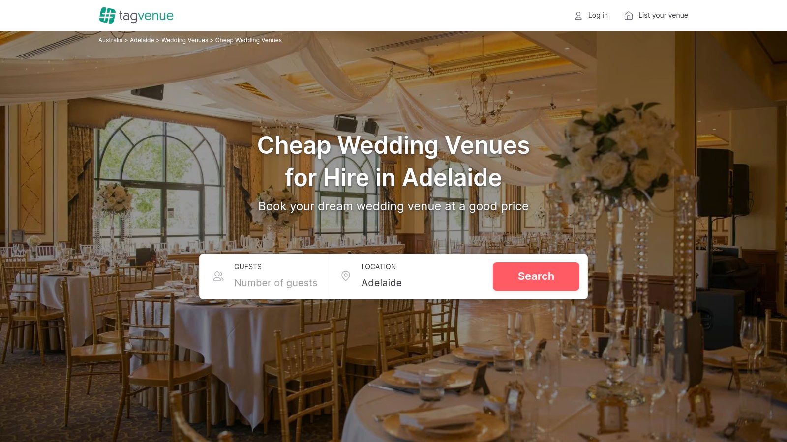 7 Best Resources for Finding Cheap Wedding Venues Adelaide in 2025 2 A screenshot of the Tagvenue platform showing a search for cheap wedding venues in Adelaide, with a map and various venue listings.