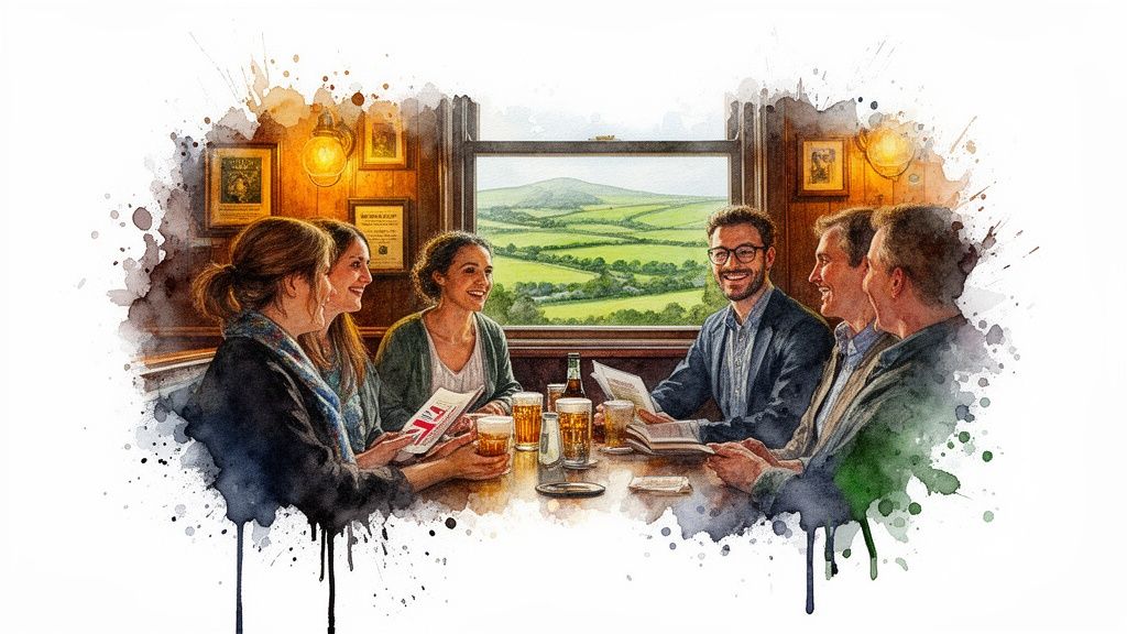 Sechs Personen genießen Getränke und Gespräche in einem gemütlichen Pub mit malerischer Aussicht.