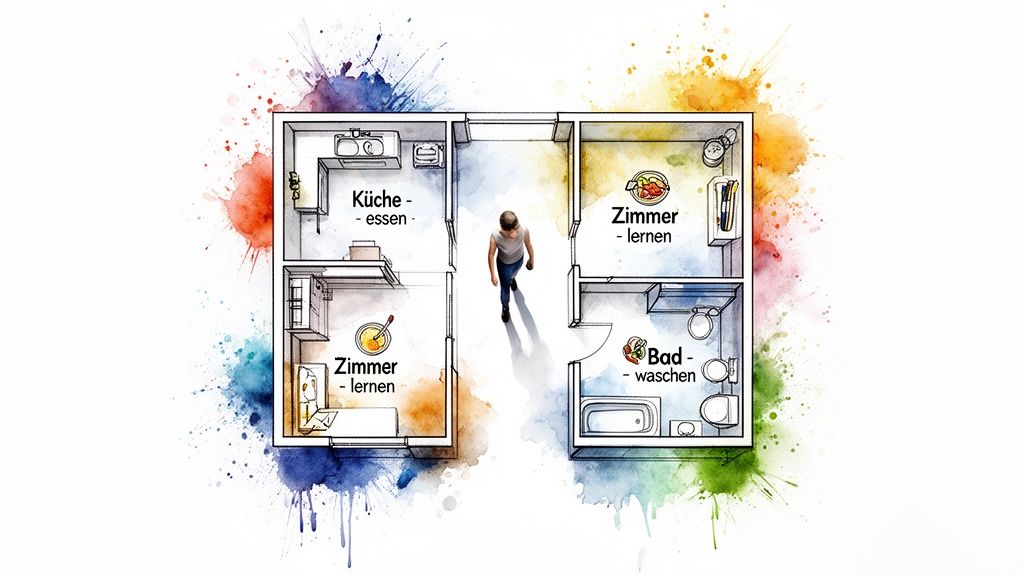 Detaillierter Aquarell-Grundriss einer Wohnung mit Zimmern zum Essen, Lernen und Waschen, Person im Flur.