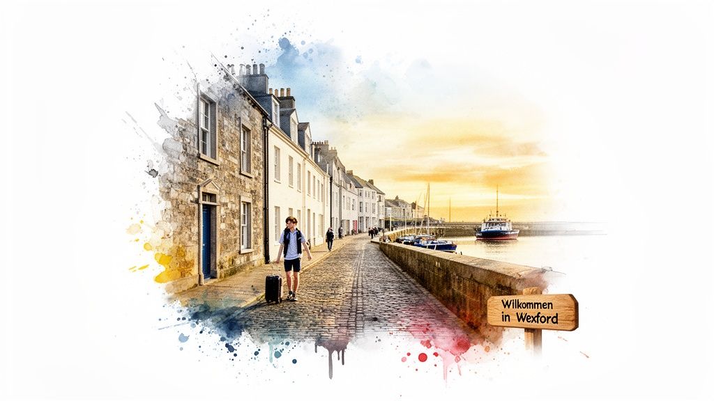 Wexford Hafenpromenade mit historischen Gebäuden, einem Reisenden und Booten bei Sonnenuntergang in Aquarell-Optik.