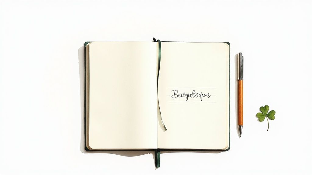 Offenes Notizbuch mit grüner Schleife, Stift und Kleeblatt auf weißem Hintergrund, mit handgeschriebenem Wort.