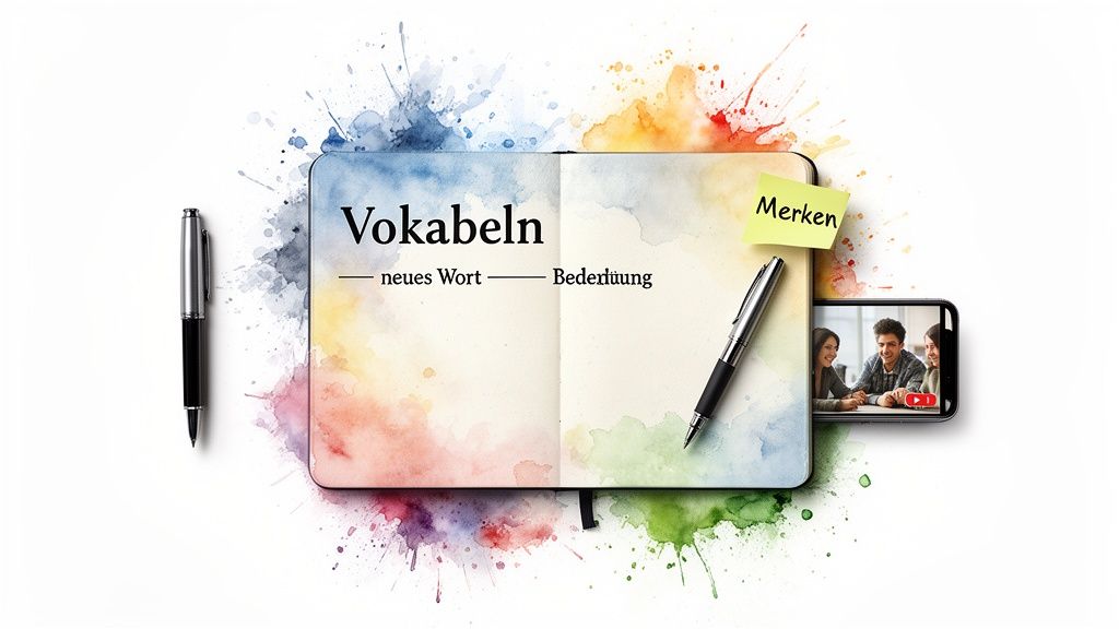 Ein offenes Notizbuch mit Vokabeln, Stiften und einem Smartphone, das eine Online-Lektion zeigt, um neue Wörter zu lernen.