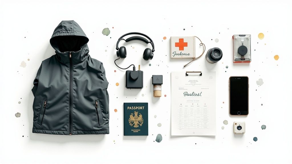 Reise-Essentials auf einem weißen Hintergrund, darunter eine Jacke, Kopfhörer, Pass und Smartphone, für eine Schülersprachreise.