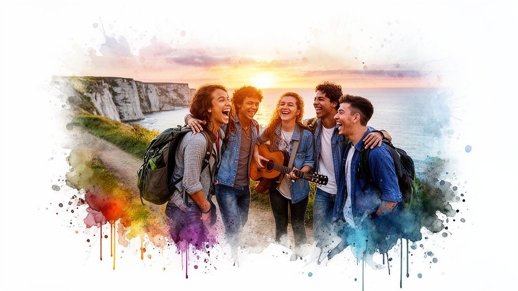 Eine Gruppe lachender Freunde genießt den Sonnenuntergang am Meer, einer spielt Gitarre.