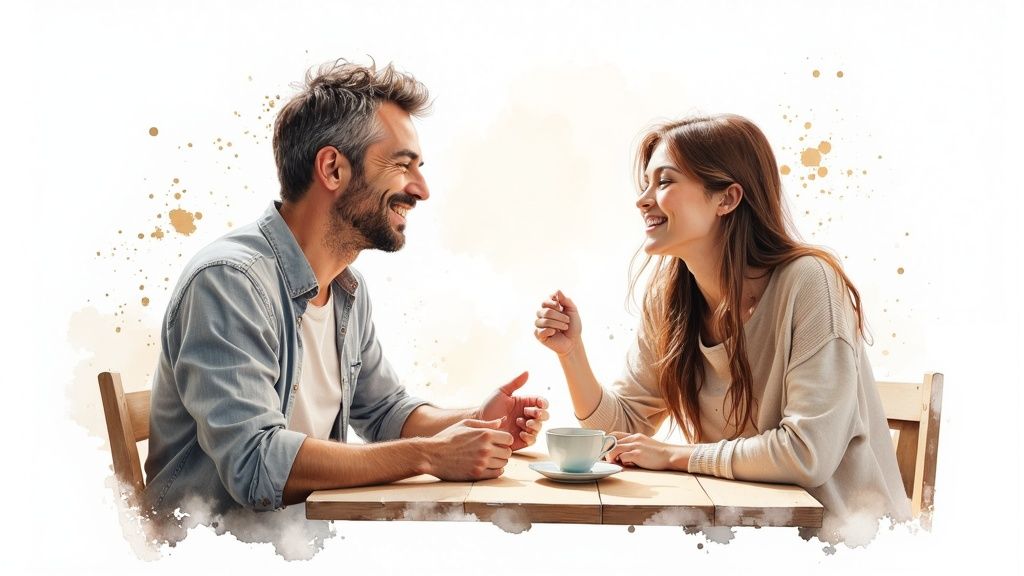 Zwei Personen sitzen bei einer Tasse Tee zusammen und unterhalten sich herzlich in einer gemütlichen Küche.