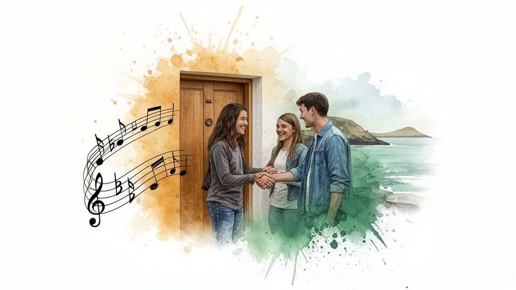 Drei lächelnde Personen, die sich vor einer Tür die Hand geben, mit Musiknoten und einer Küstenlandschaft im Aquarell-Stil.