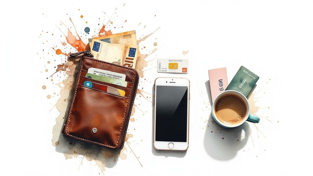 Braune Ledergeldbörse mit Euroscheinen, Smartphone, Kaffeetasse und Notizbüchern auf weißem Hintergrund