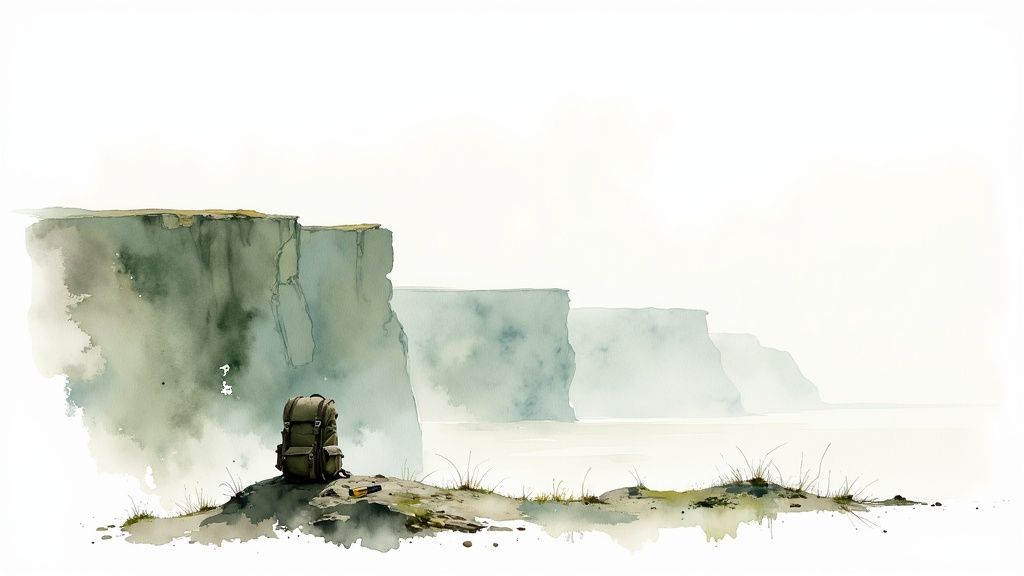 Aquarellmalerei eines einsamen Rucksacks auf einem Hügel vor majestätischen Klippen und ruhigem Wasser.