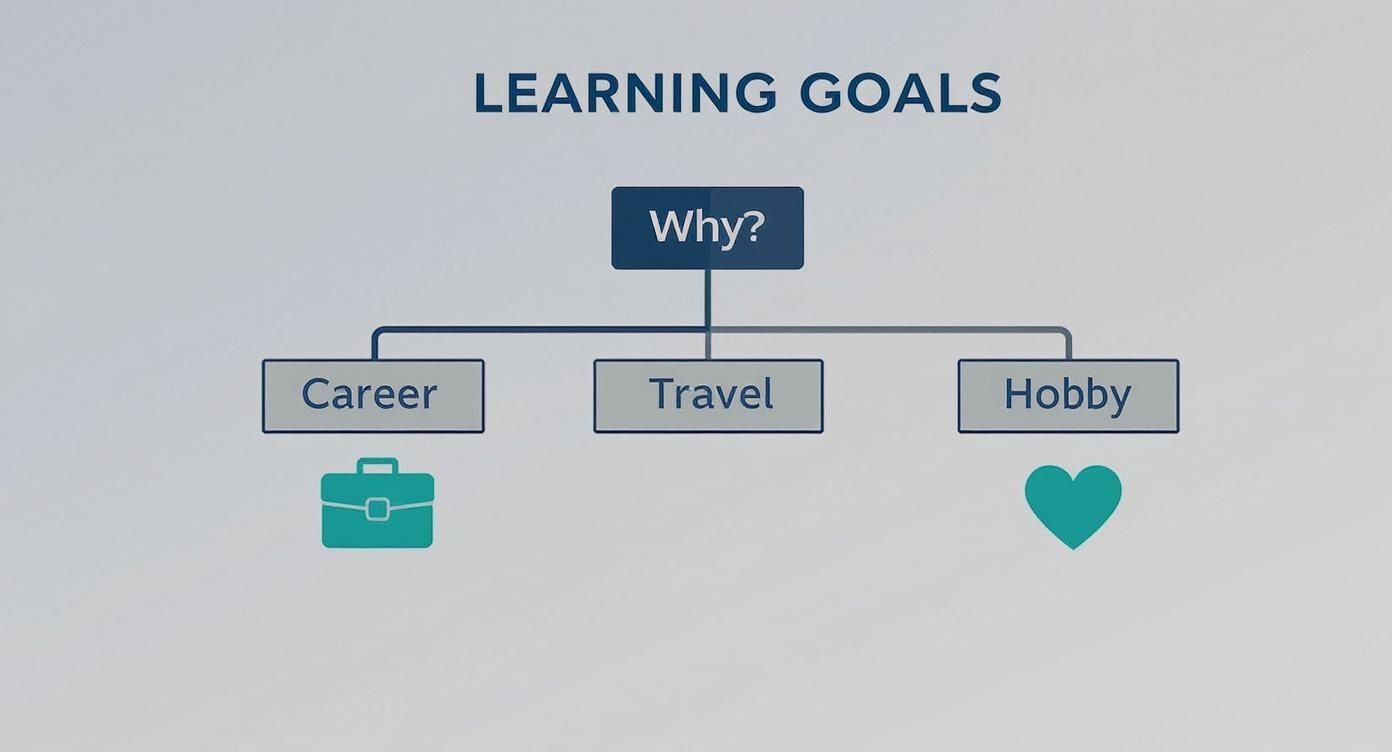 Eine Infografik, die als Entscheidungsbaum die verschiedenen Motivationen zum Englischlernen wie Beruf, Reisen und Hobby darstellt.