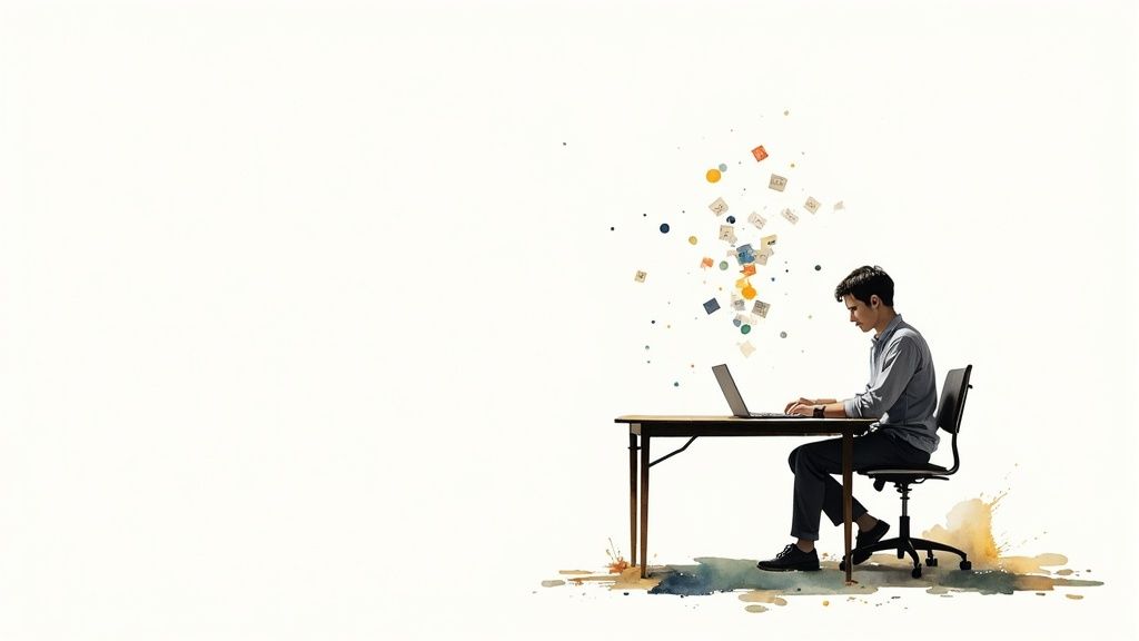 Eine Person schreibt in ein Notizbuch, umgeben von Büchern und einer Tasse Kaffee, was eine fokussierte Lernumgebung symbolisiert.