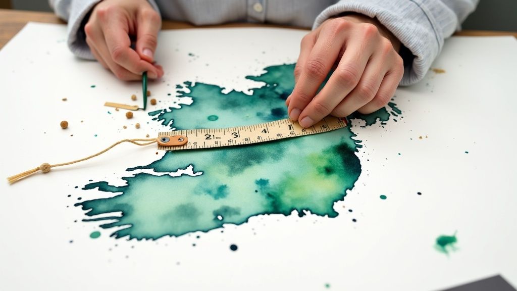 Hände messen eine Aquarellkarte von Irland mit einem Holzlineal auf weißem Papier.