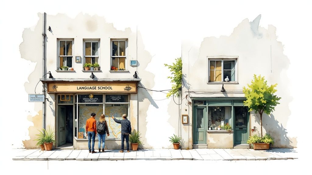 Aquarellbild von charmanten Gebäuden, links eine Sprachschule mit Menschen, die auf eine Karte zeigen.