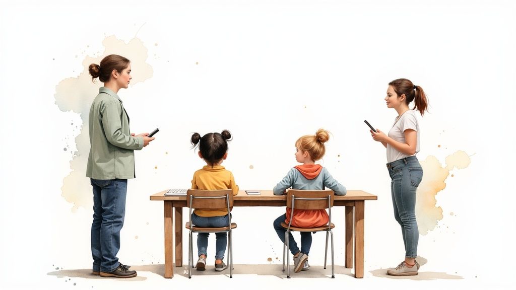 Zwei Erwachsene mit Handys stehen neben zwei Kindern, die an einem Schreibtisch sitzen.