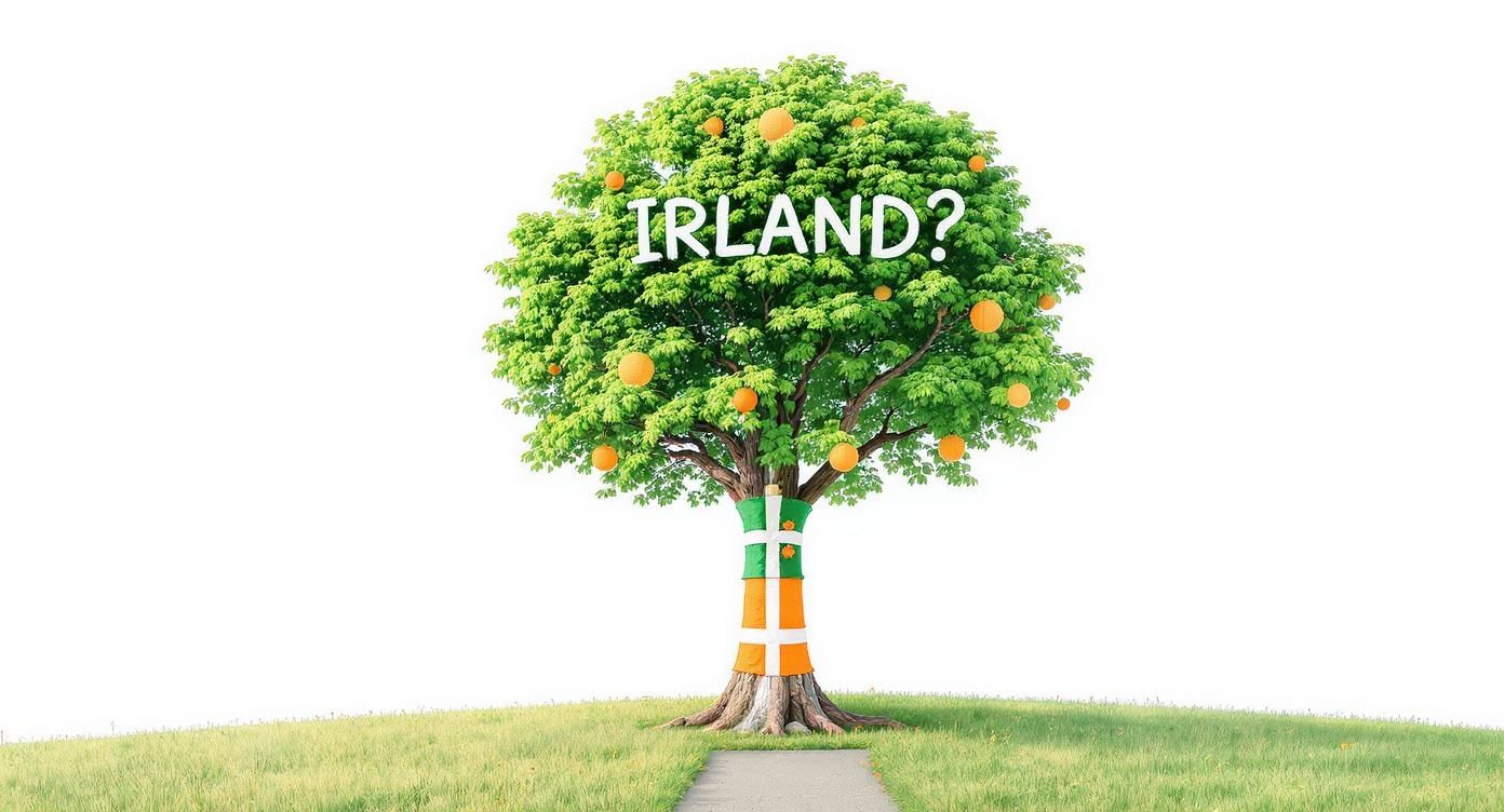 Ein Baum mit dem Text 'IRLAND?', geschmückt in irischen Flaggenfarben und orangefarbenen Kugeln.