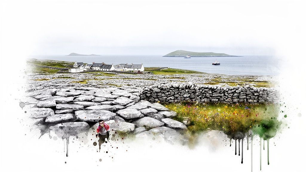 Kunstvolles Gemälde einer irischen Küstenlandschaft mit Steinmauern, Häusern, Booten und Inseln.