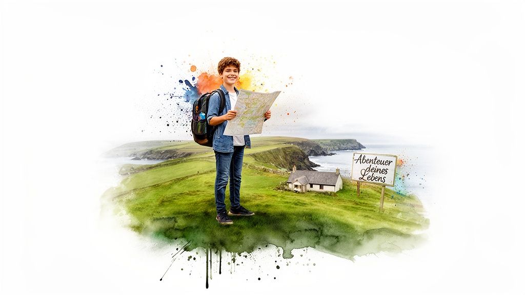 Lächelnder Junge mit Rucksack und Karte auf grüner Klippe am Meer. Schild: 'Abenteuer deines Lebens'.