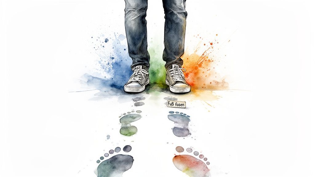 Person in Jeans und Turnschuhen vor bunten Aquarell-Farbklecksen und Fußabdrücken, die einen Weg andeuten.